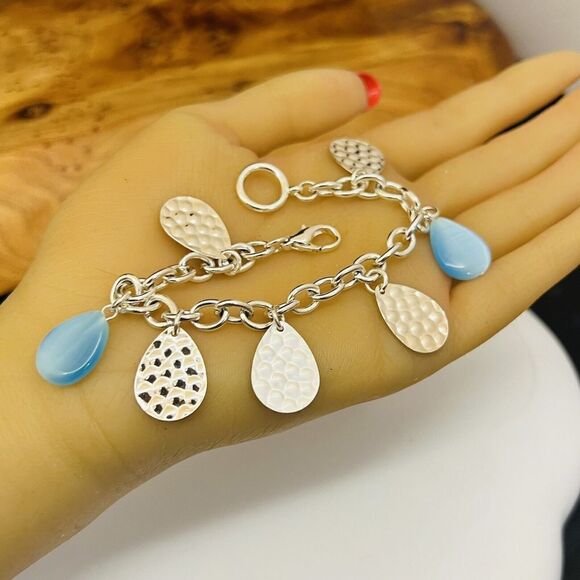 Blue Silver Tone Charm Dangle Drop Bracelet Spring Summer 7” 1477 - Picture 3 of 11